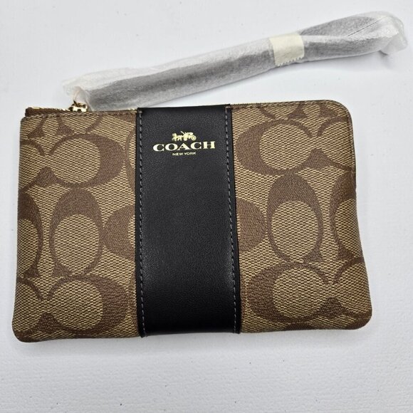 Coach Corner Zip Leather Wristlet Signature Canvas Gold Zipper Khaki Black - Picture 3 of 5